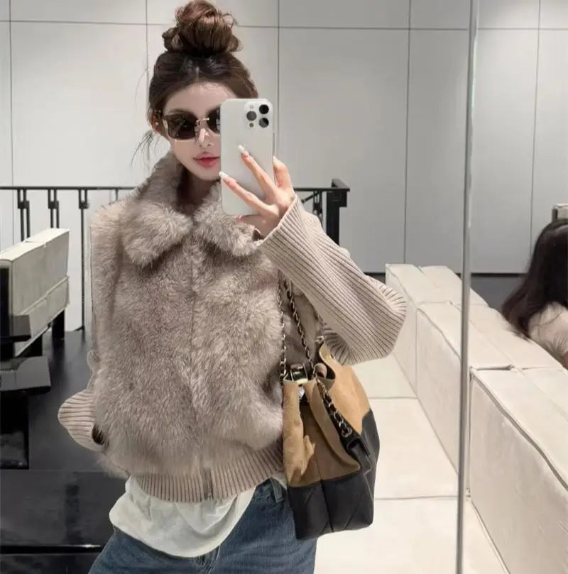 Women's Cropped Faux Fur Jacket with Ribbed Knit Sleeves