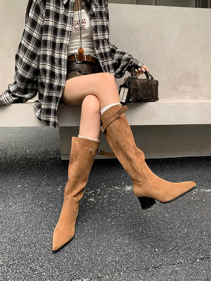 Women's Faux Suede Knee-High Boots with Buckle Detail