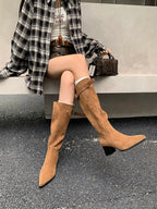 Women's Faux Suede Knee-High Boots with Buckle Detail