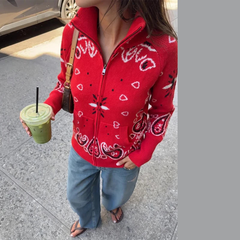 Casual Knit Printed Sweater Women Autumn Winter Loose Stand Collar Long Sleeve Button Knitwear Female 2026 Chic Lady Cardigan