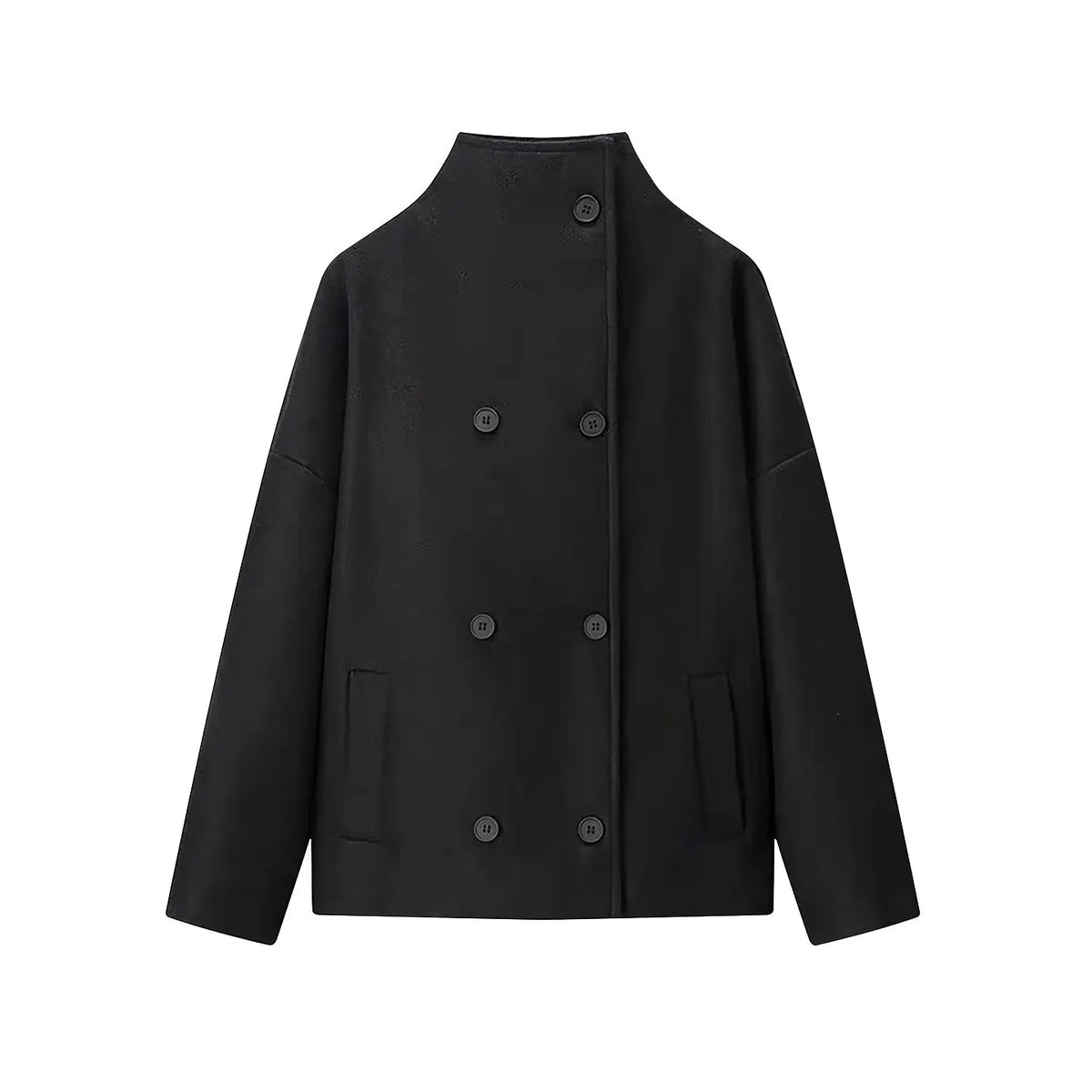 Women's High-Neck Double-Breasted Jacket with Pockets