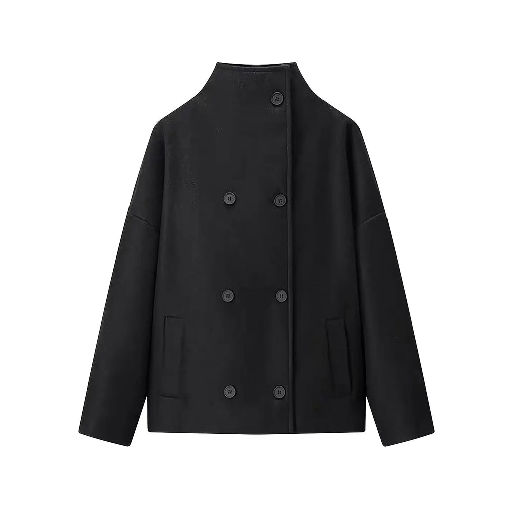 Women's High-Neck Double-Breasted Jacket with Pockets