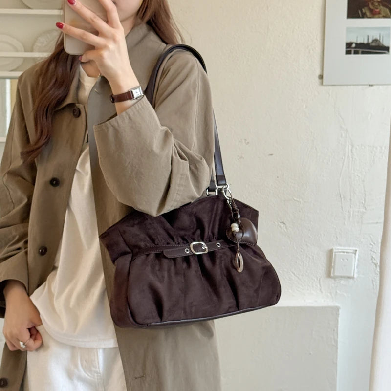 Women's Shoulder Bag Vintage Ruched PU Leather Zipper Tote Bag with Phone Pocket & Charm