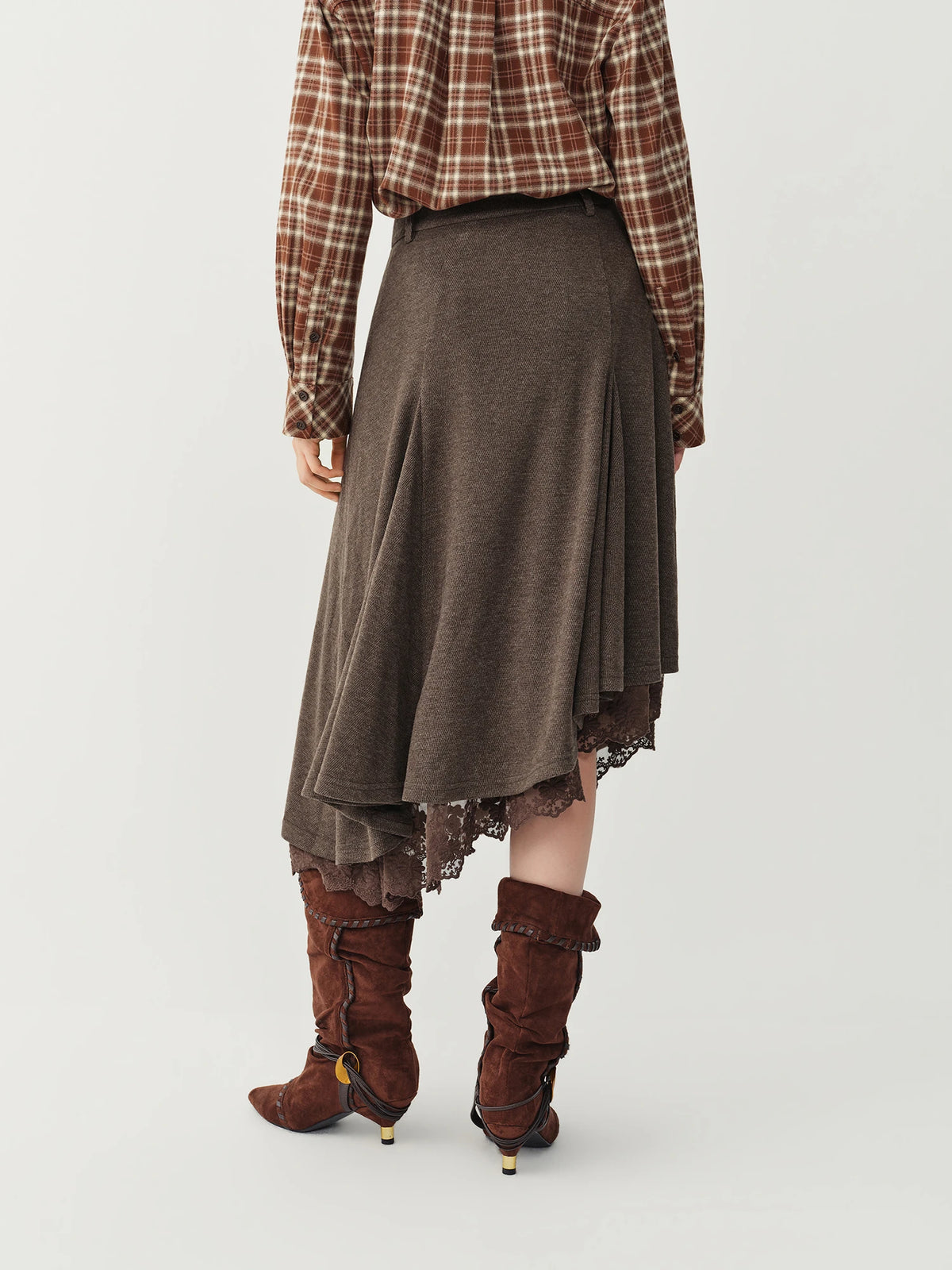 Women's Woolen Skirt Lace Panel Asymmetric Hem A-Line Empire Waist Mid-Calf Knit Casual Office Winter