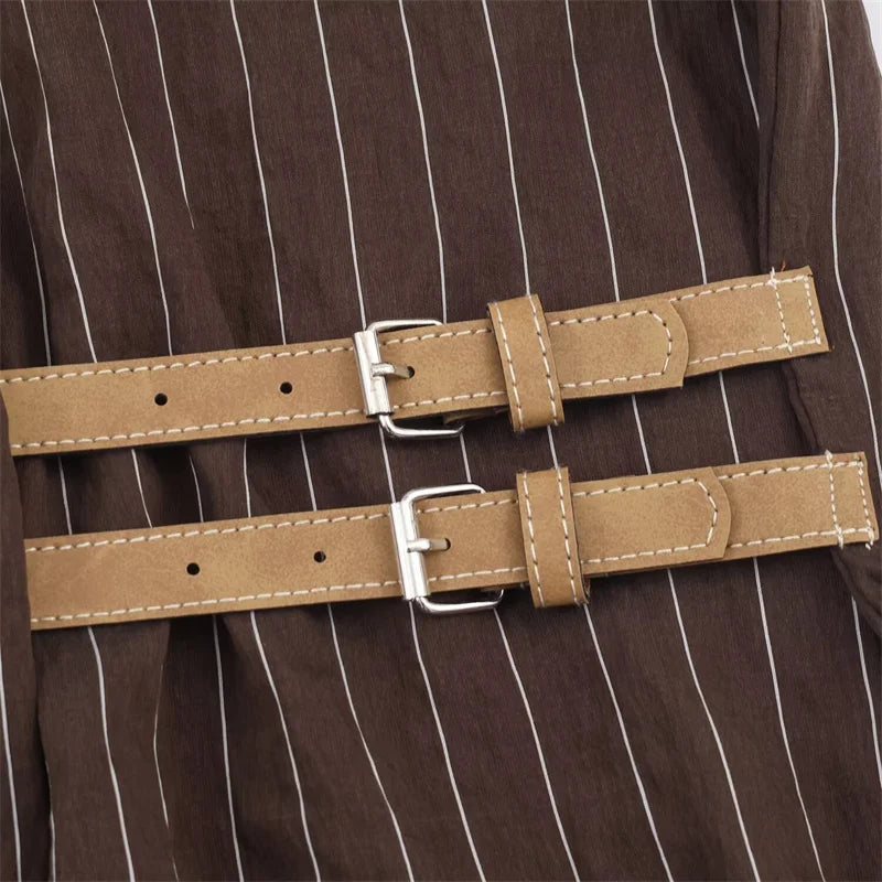 Women's Blouse Brown Striped Full-Sleeve Loose-Fit Single-Breasted Turn-Down Collar Shirt