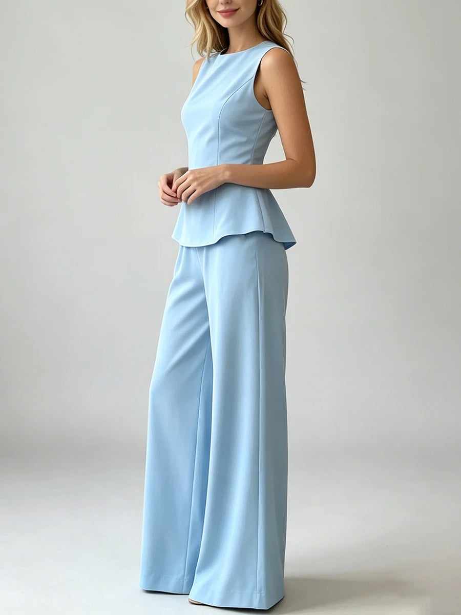 2026 Women Casual Set Elegant Back Tie Sleeveless Peplum Top + Wide Leg Pants 2 Pieces