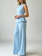 2026 Women Casual Set Elegant Back Tie Sleeveless Peplum Top + Wide Leg Pants 2 Pieces