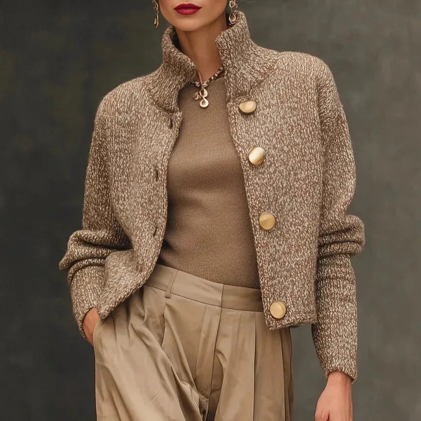 Fashion High Neck Button Knit Cardigan Jacket Women Autumn Winter Long Sleeve Casual Sweater