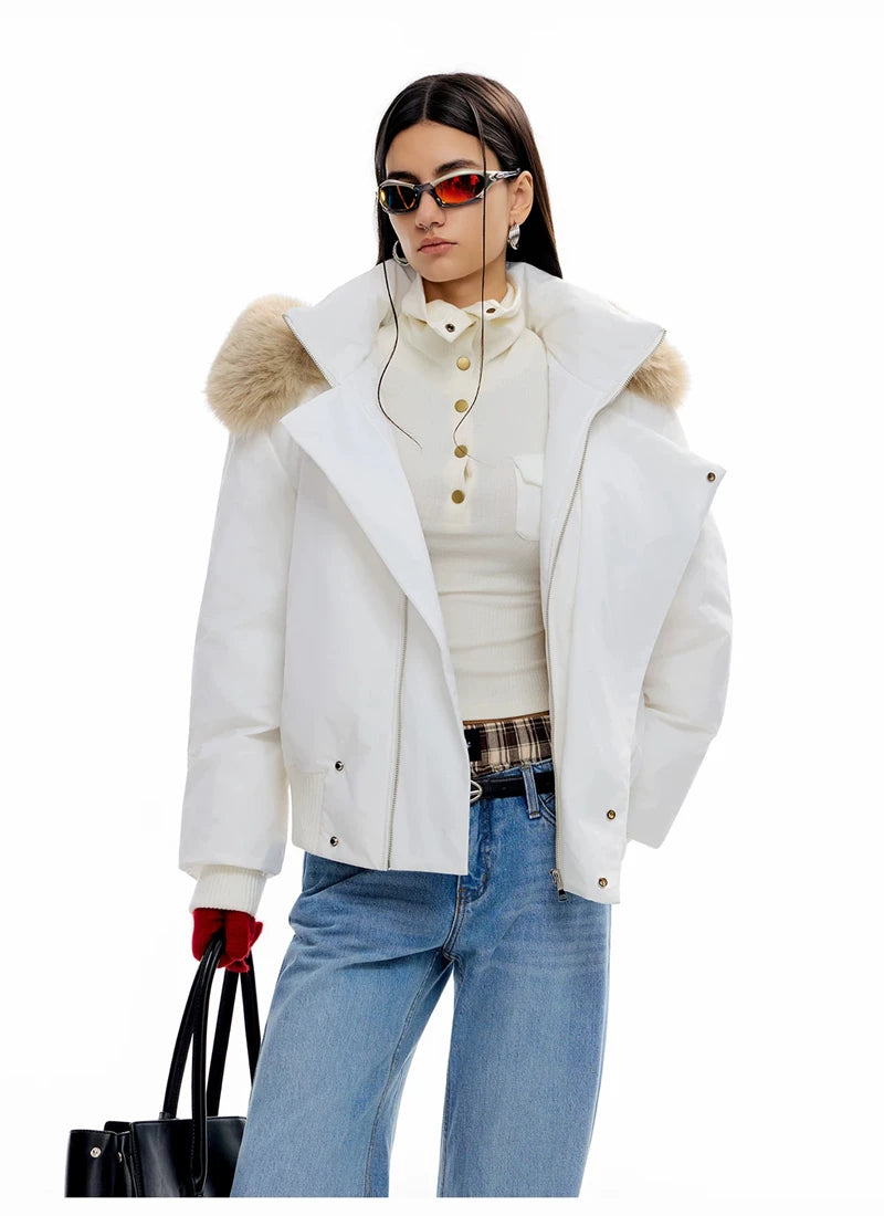 Women's Hooded Winter Bomber Jacket with Faux Fur Trim