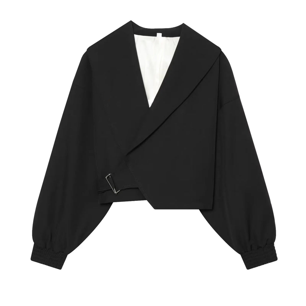 Women's Fashion Cropped Jackets V-Neck Long Sleeves With Bow Solid Pullover Chic Lady Outfits