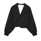 Women's Fashion Cropped Jackets V-Neck Long Sleeves With Bow Solid Pullover Chic Lady Outfits