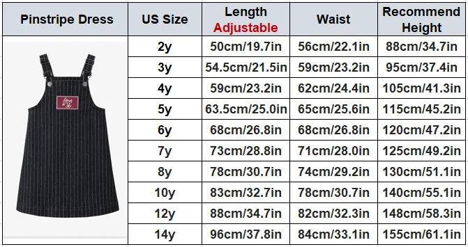 Guia de tamanhos para vestido pinafore listrado preto com remendo vermelho, tamanhos EUA 2y a 14y