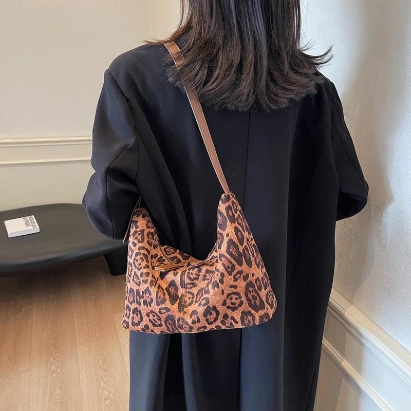 Suede Leopard Shoulder Bags Women Zipper Medium Soft Purse with Adjustable Strap