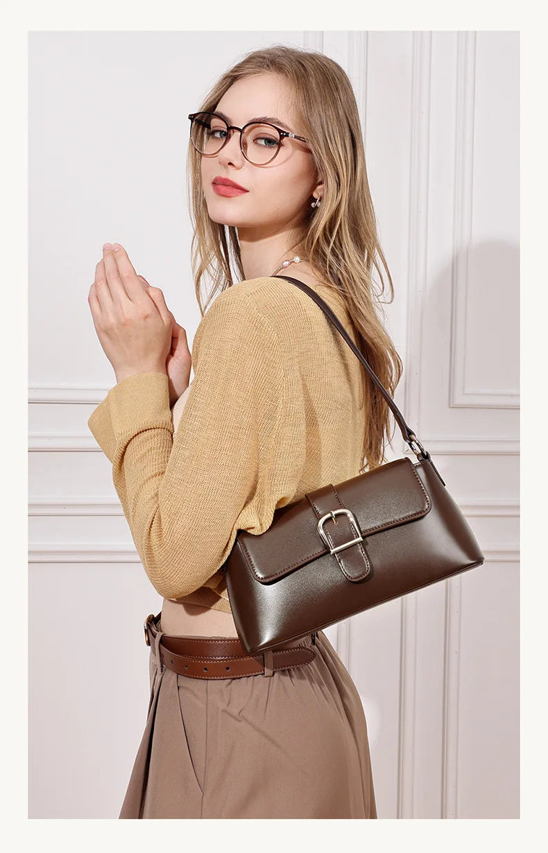 Women's Genuine Leather Baguette Shoulder Bag – Vintage Cowhide Crossbody