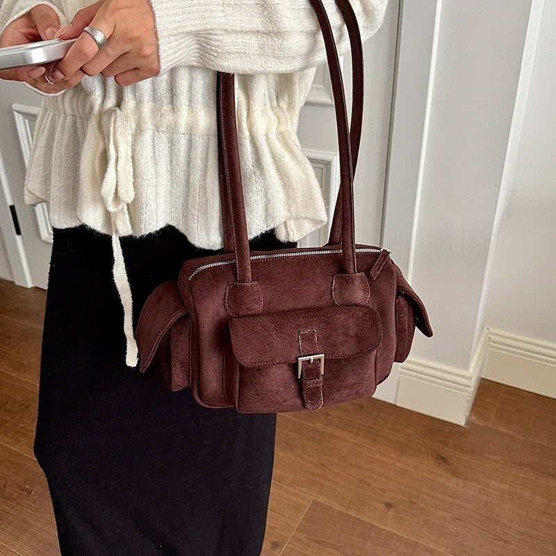 Women's Shoulder Bag Vintage Faux-Suede Baguette Zipper Underarm Bag with Phone Pocket