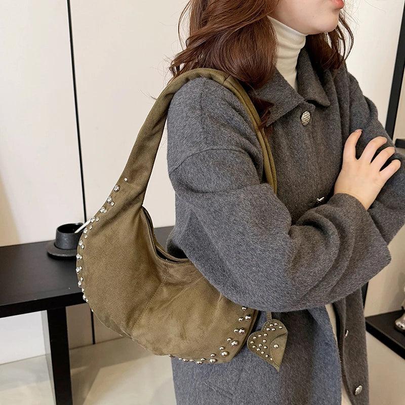 Suede Retro Rivets Design Shoulder Bag Women Snap Large Handbags Soft Tote Bags