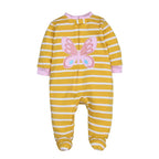 Mustard and white striped footed romper with pink cuffs and large pink butterfly chest applique