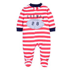 Red and white striped footed onesie with navy cuffs and football number 28 chest applique