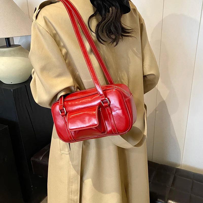 Small Leather Underarm Bags Women Outer Flap Pocket Stitch Zipper Shoulder Bags