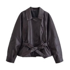Women's Jacket Vintage Faux Leather Belted Turn-Down Lapel Full-Zip Full-Sleeve Short Motorcycle Coat