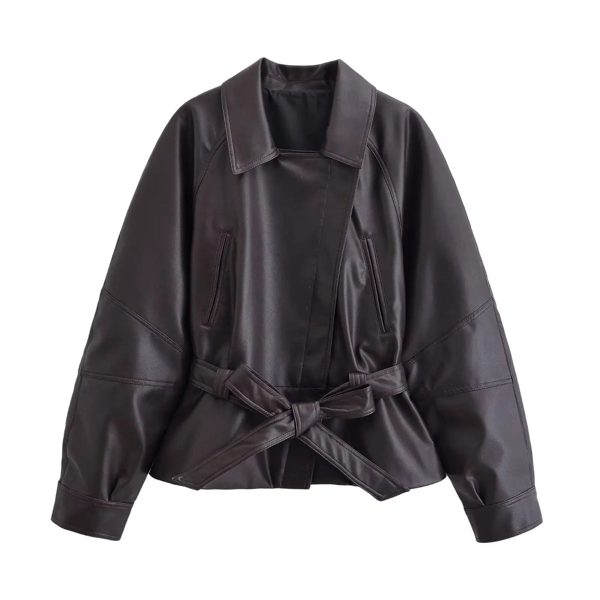 Women's Jacket Vintage Faux Leather Belted Turn-Down Lapel Full-Zip Full-Sleeve Short Motorcycle Coat
