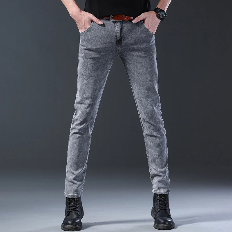 Men's Jeans Slim Fit High-Stretch Straight Leg Mid-Rise Gray Casual Denim Pants