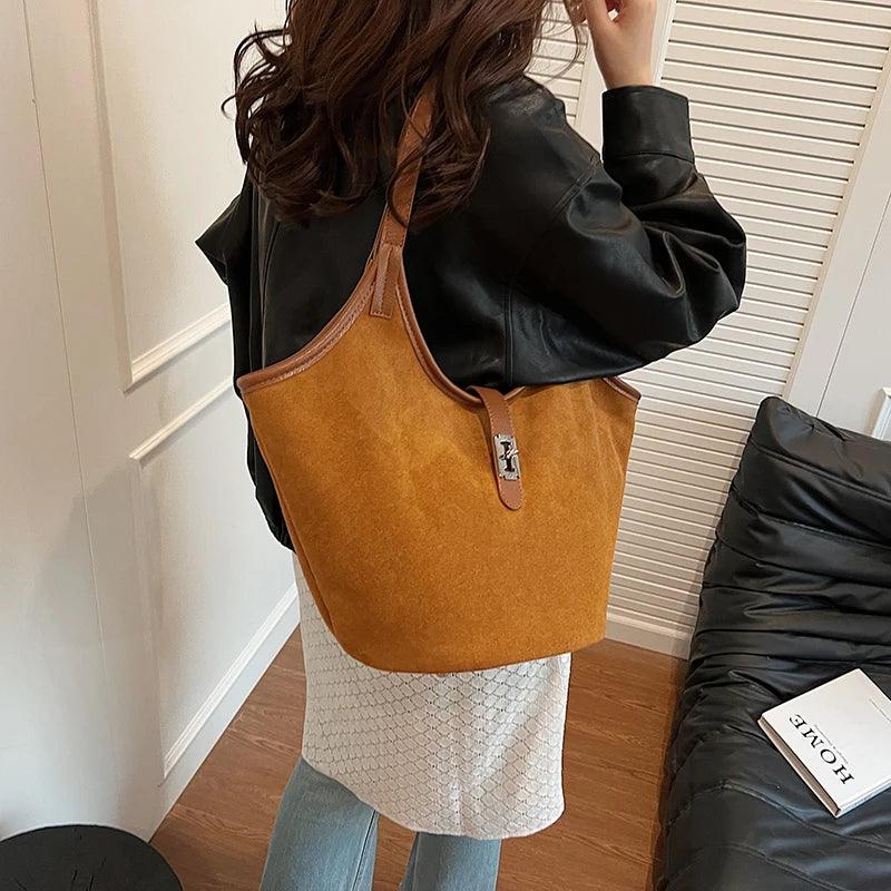 Small Nubuck Leather Shoulder Bags Women Zipper Turn Lock Matte Tote Handbags