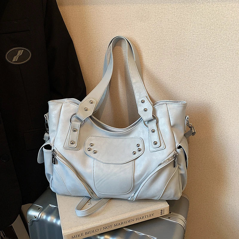 Women's PU Leather Hobo Shoulder Bag - Silver Stud Rivet Detail, Adjustable Strap