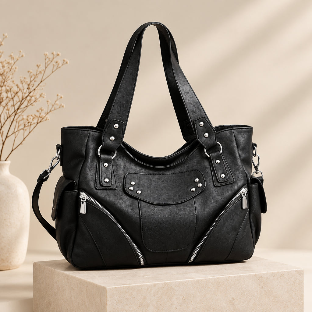 Women's PU Leather Hobo Shoulder Bag - Silver Stud Rivet Detail, Adjustable Strap