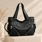 Women's PU Leather Hobo Shoulder Bag - Silver Stud Rivet Detail, Adjustable Strap