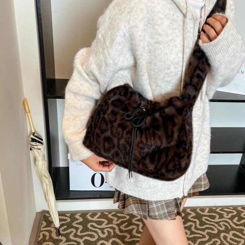 Leopard Faux Fur Shoulder Bags Drawstring Women Medium Soft Handbags Crossbody