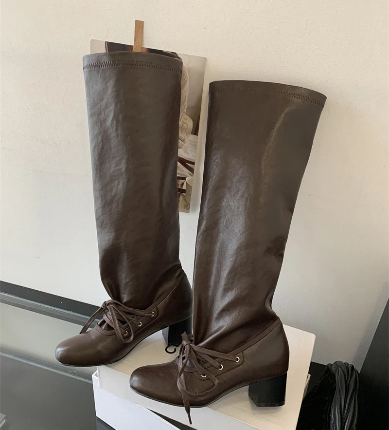 Women's Knee-High Block Heel Boots with Lace-Up Detail