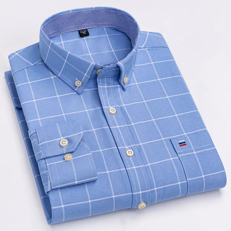 Men's 100% Cotton Shirt Long Sleeve Plaid Oxford Casual Solid Color Print Regular Fit Formal Dress Shirt Oversized 7XL  6XL 5XL