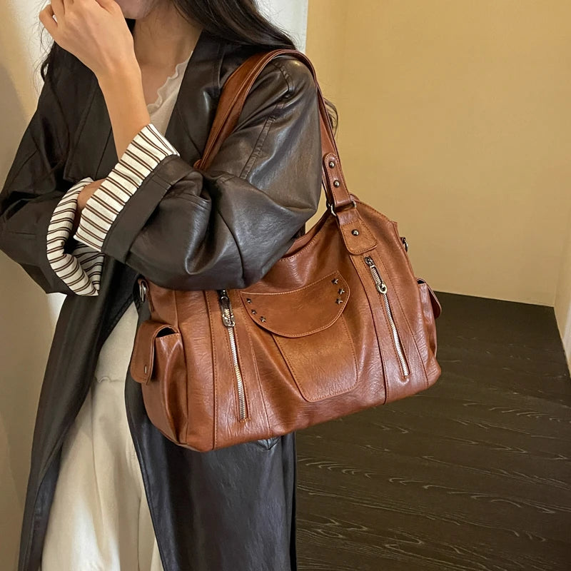 Women's Hobo Bag Vintage Large-Capacity Soft PU Leather Rivet-Accent Zipper Shoulder Bag with Phone Pocket