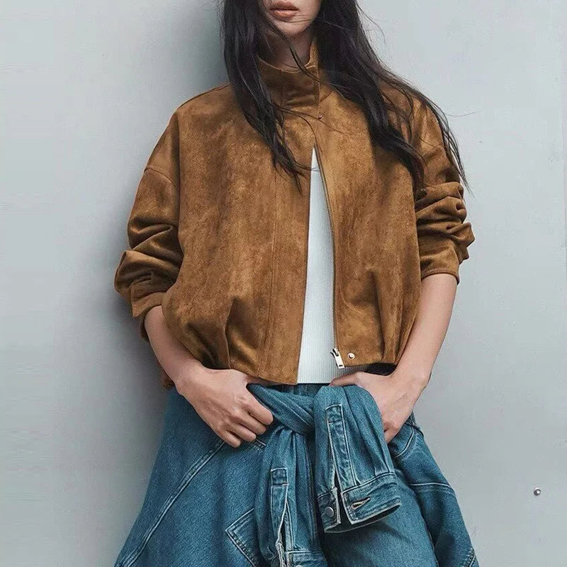 Γυναικείο Camel Ζακέτα με Γιακά, Φερμουάρ και Τσέπες, Κομψό Πανωφόρι Μόδας