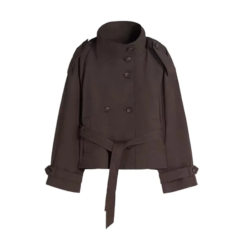 Women's Jacket Solid Lace-Up Double-Breasted Turn-Down Collar Full-Sleeve High-Waist Short Streetwear Coat