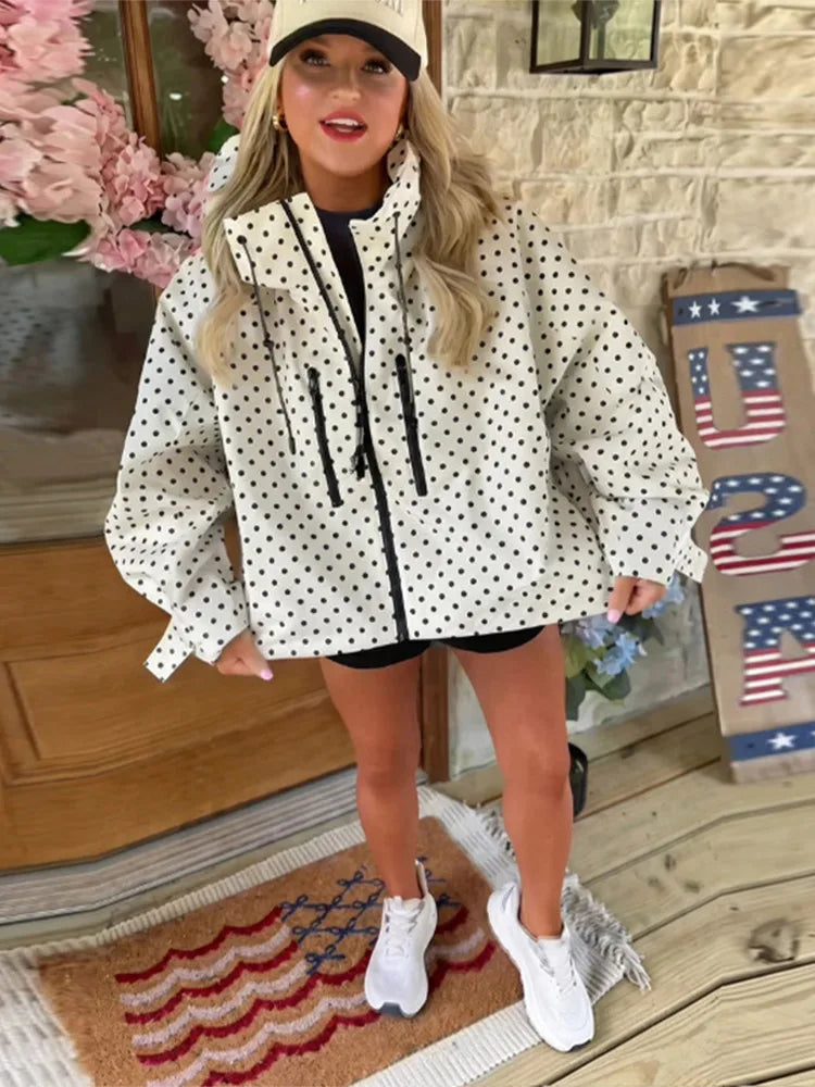 Polka Dot Hooded Women's Jacket Chic Turtleneck Zipper Long Sleeve Pockets Thin Coat 2026 Autumn Outerwear