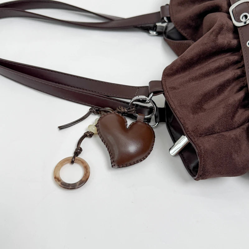 Women's Shoulder Bag Vintage Ruched PU Leather Zipper Tote Bag with Phone Pocket & Charm