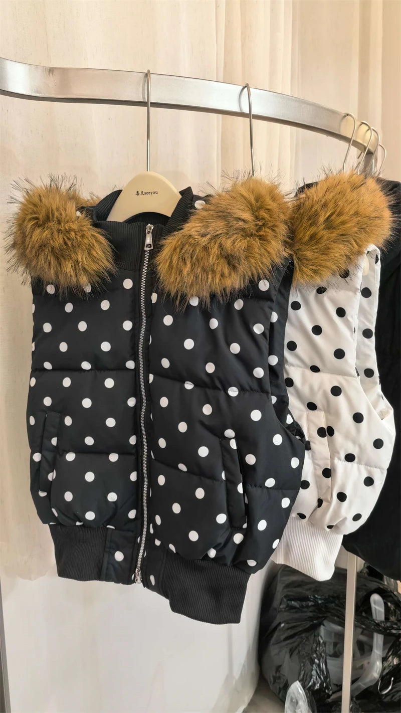 Women's Polka Dot Hooded Puffer Vest with Plush Trim