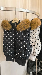 Women's Polka Dot Hooded Puffer Vest with Plush Trim