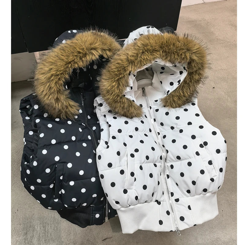 Women's Polka Dot Hooded Puffer Vest with Plush Trim