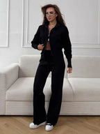 Women's Knit 2-Piece Set Zip-Up Stand Collar Cardigan Wide-Leg Ankle Pants Office Lady Autumn Winter Outfit