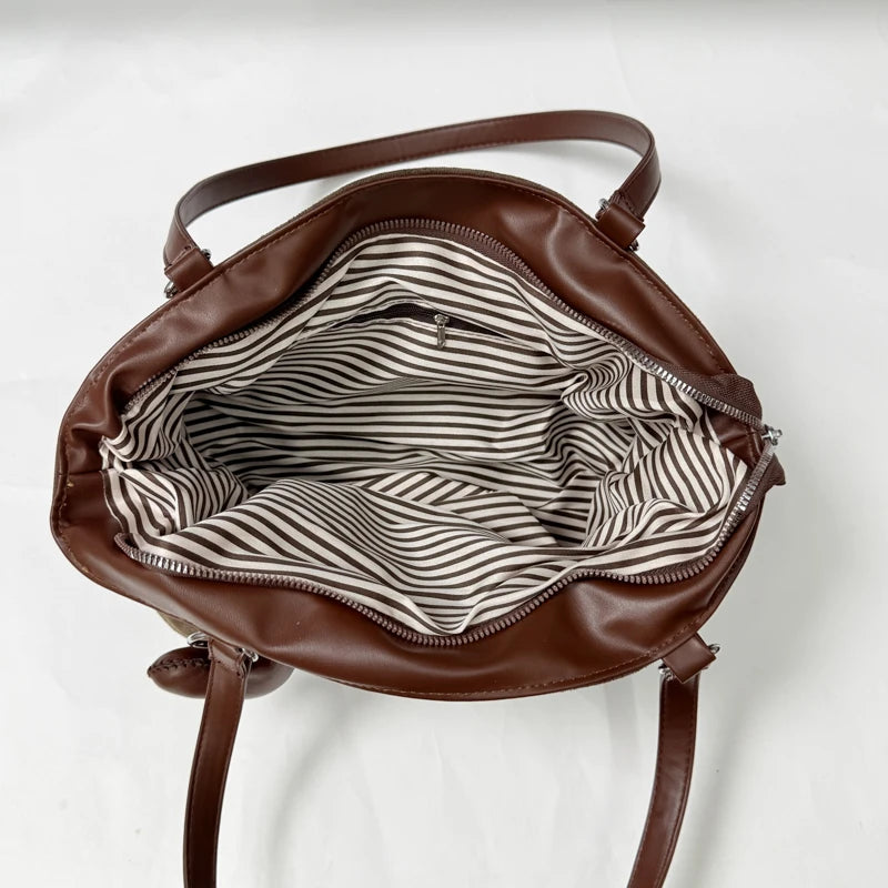 Women's Shoulder Bag Vintage Ruched PU Leather Zipper Tote Bag with Phone Pocket & Charm