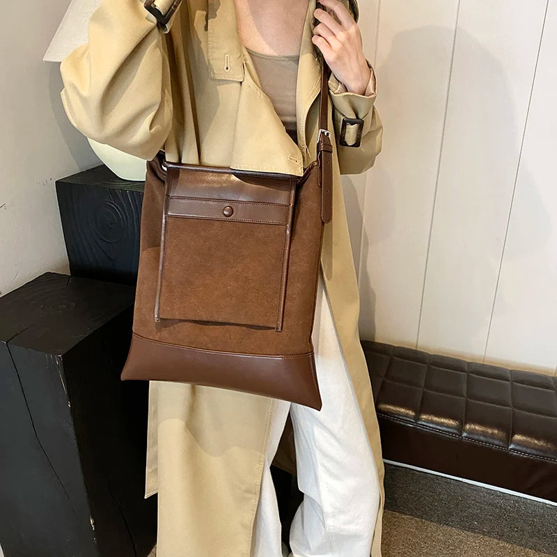 Large Suede Leather Shoulder Bags Women Retro Flap Outer Big Pocket Handbags