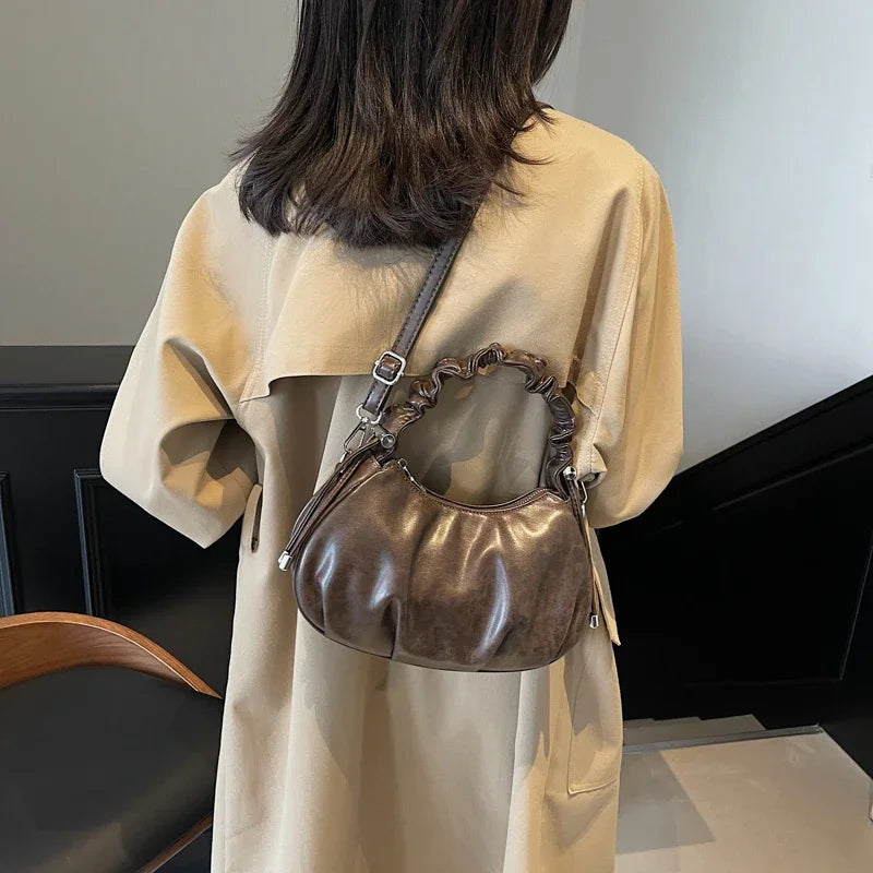 Small Leather Crossbody Bags Women Pleated Zipper Ruched Handle Crossbody Bags