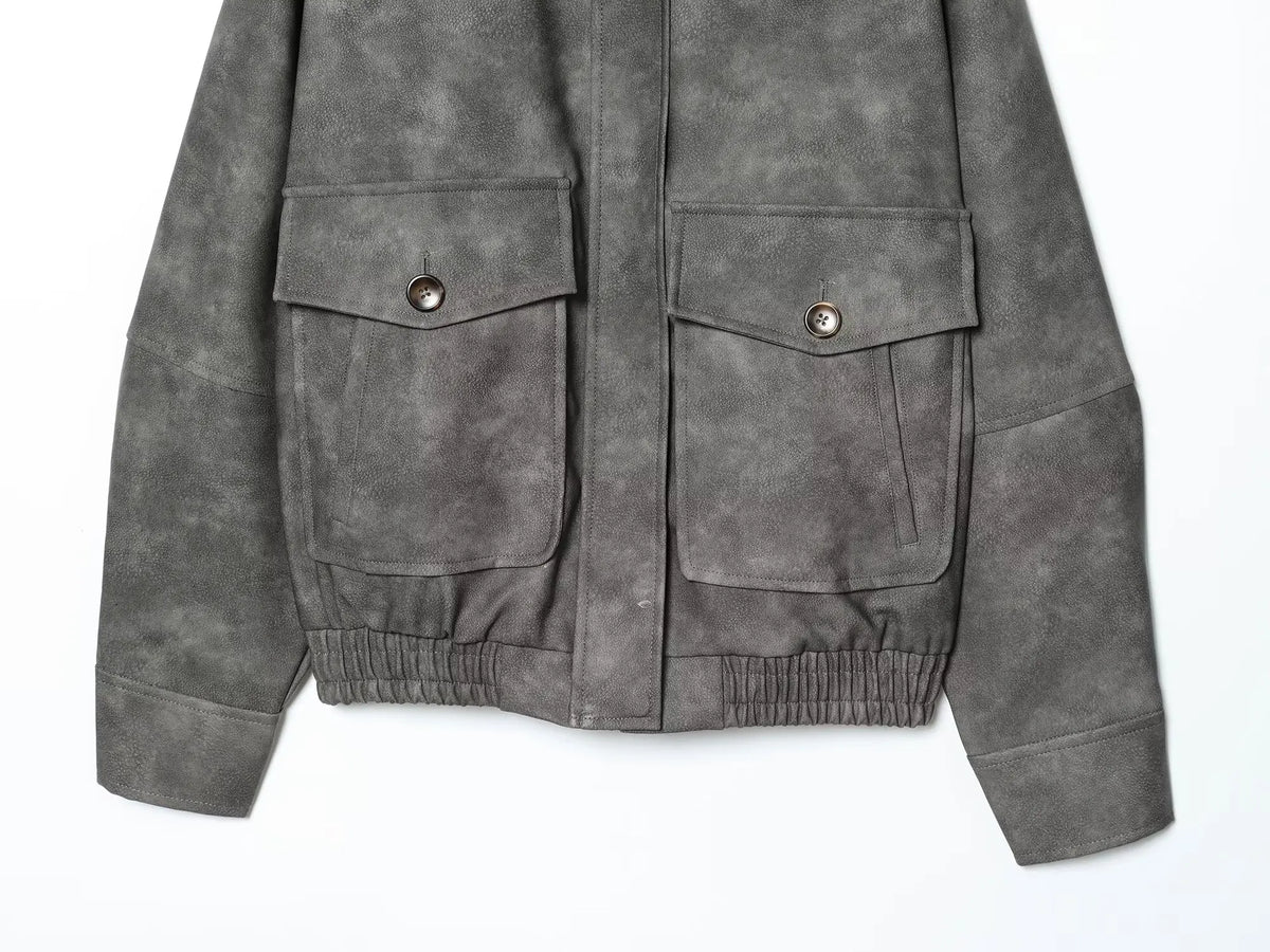 Women's  Faux Fur Collared Zip-Up Jacket with Pockets