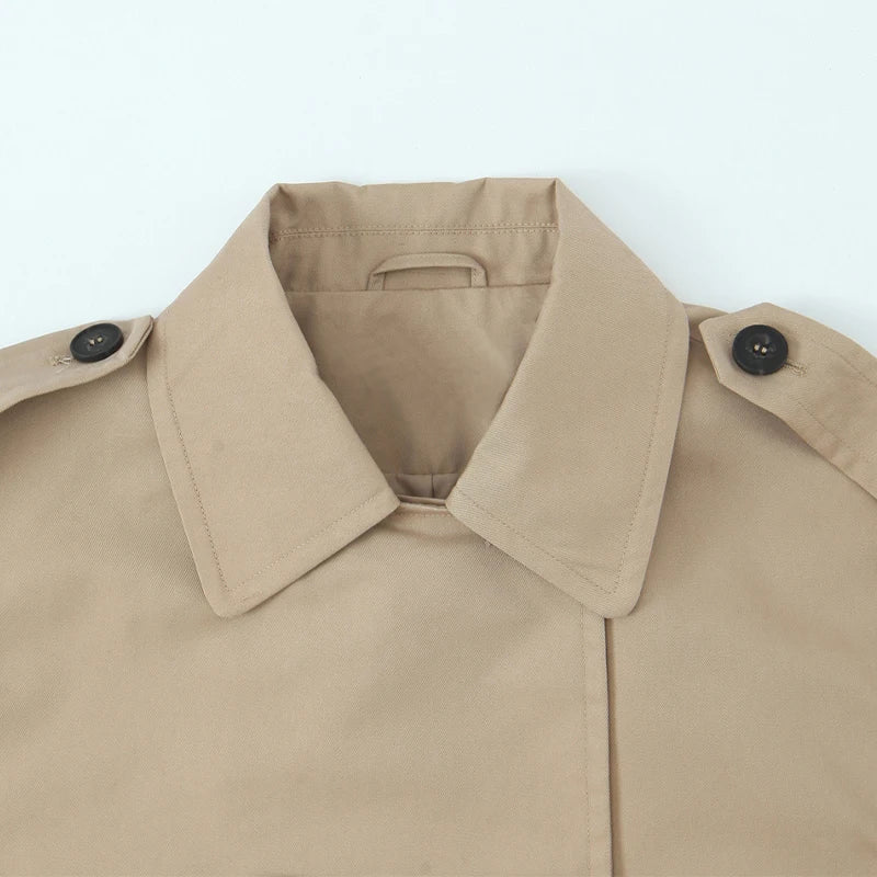 Women's Coat Double-Breasted Short Trench Jacket Vintage Notched-Collar Wide-Waist Long-Sleeve Woven Coat in Khaki