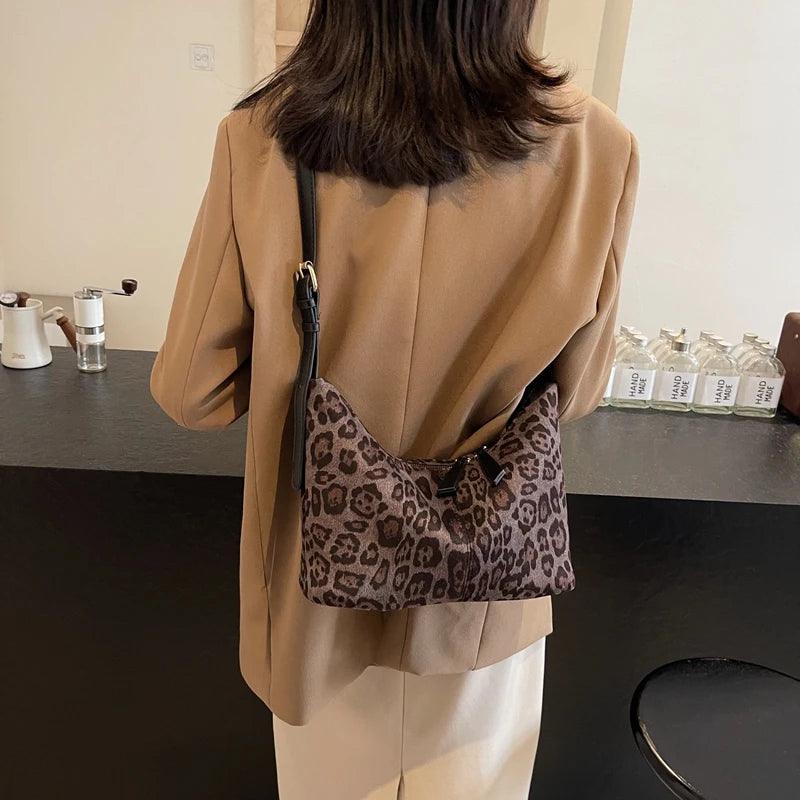 Suede Leopard Shoulder Bags Women Zipper Medium Soft Purse with Adjustable Strap