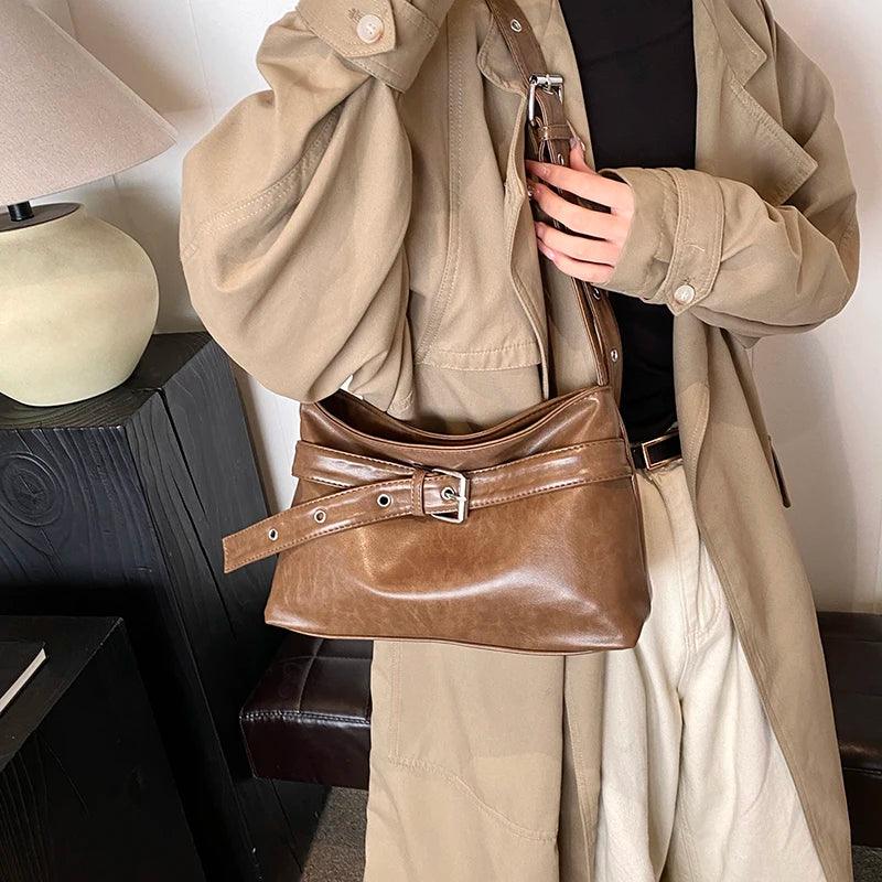 Leather Shoulder Bags Women Belt Buckle Soft Handbags Zipper Ajustable Strap