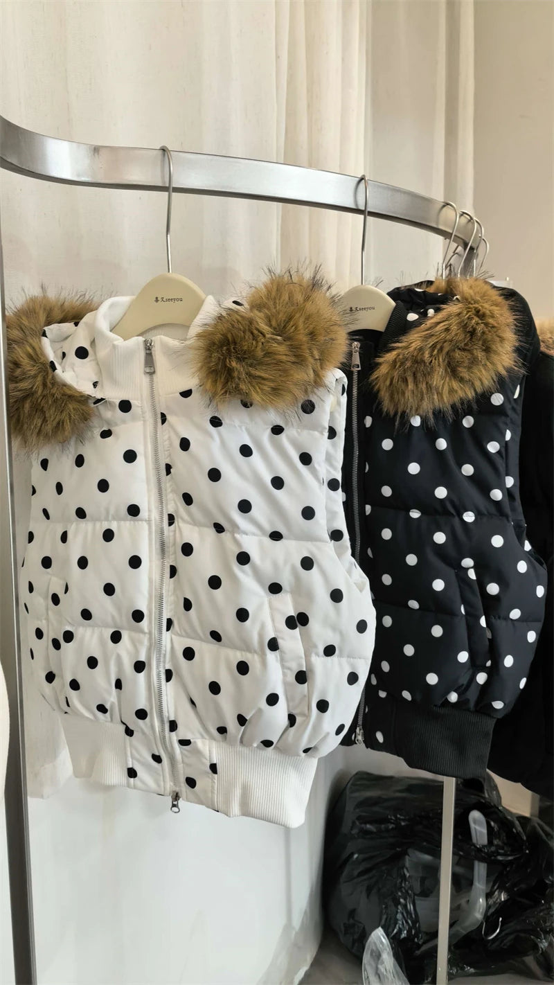 Women's Polka Dot Hooded Puffer Vest with Plush Trim